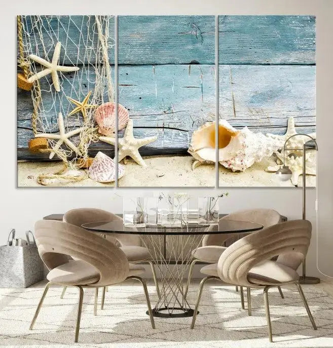 Seashells on Rustic Wooden Background, Seashells Wall Art Canvas Print