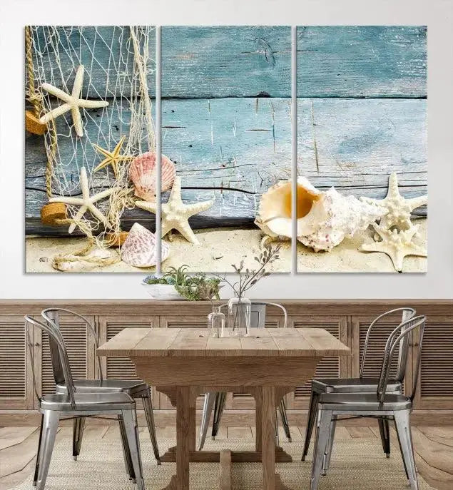 Seashells on Rustic Wooden Background, Seashells Wall Art Canvas Print