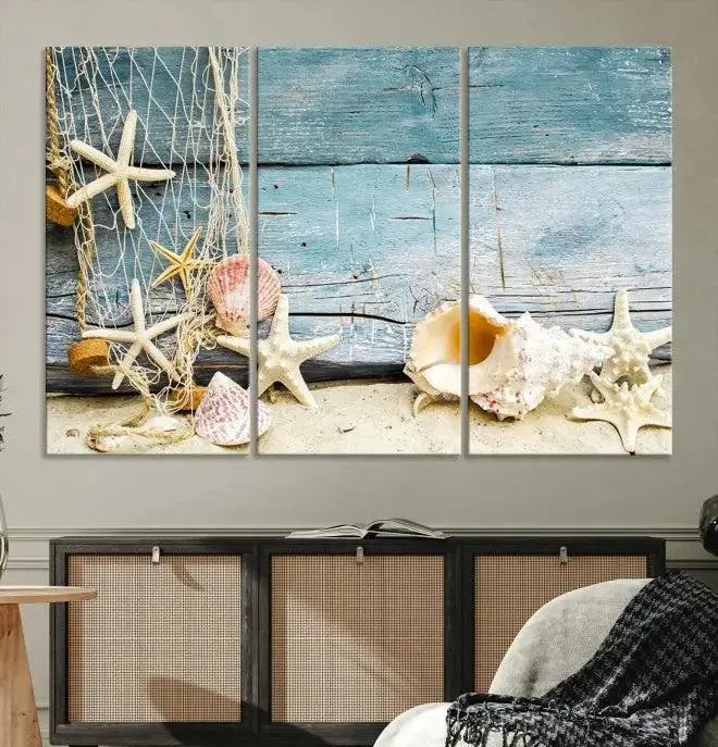 Seashells on Rustic Wooden Background, Seashells Wall Art Canvas Print