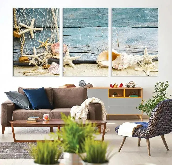 Seashells on Rustic Wooden Background, Seashells Wall Art Canvas Print