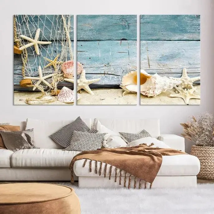 Seashells on Rustic Wooden Background, Seashells Wall Art Canvas Print