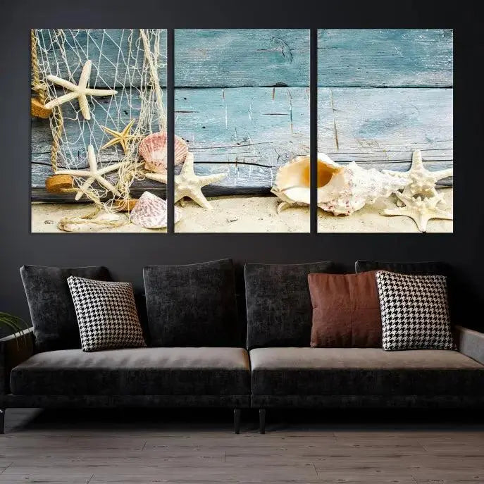 Seashells on Rustic Wooden Background, Seashells Wall Art Canvas Print