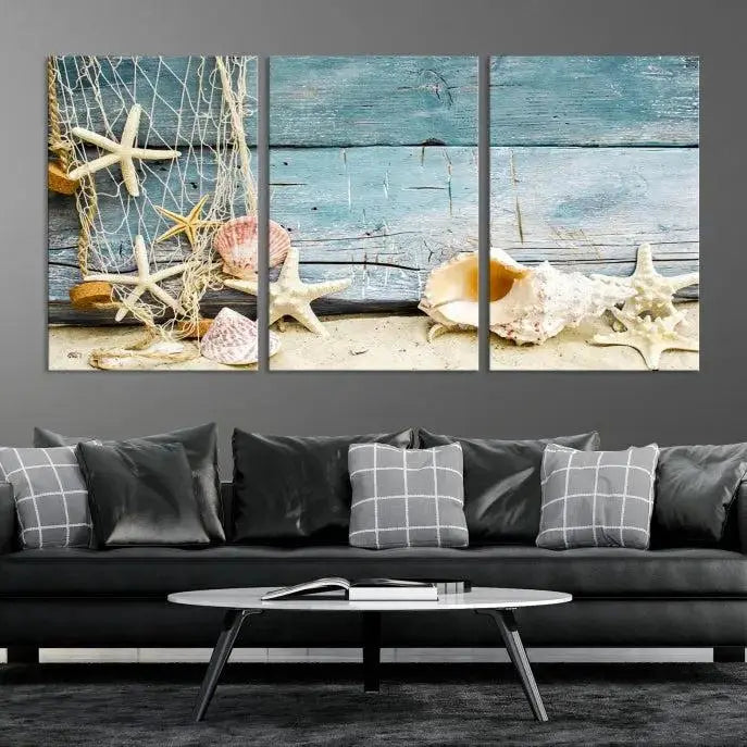 Seashells on Rustic Wooden Background, Seashells Wall Art Canvas Print