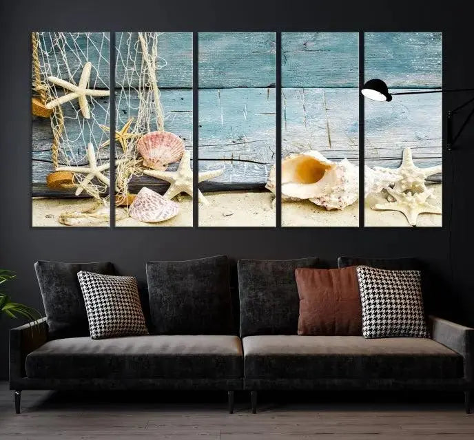 Edit-Images-Seashells on Rustic Wooden Background, Seashells Wall Art Canvas Print