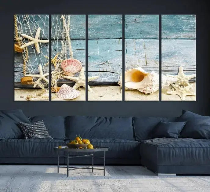 Edit-Images-Seashells on Rustic Wooden Background, Seashells Wall Art Canvas Print