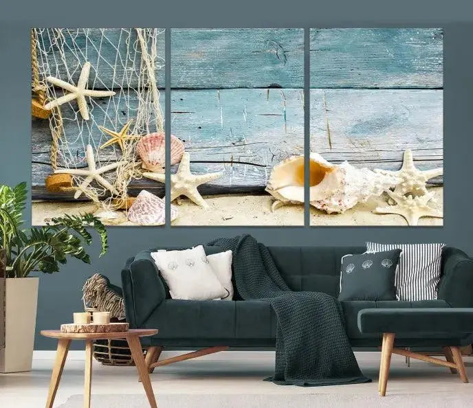 Edit-Images-Seashells on Rustic Wooden Background, Seashells Wall Art Canvas Print