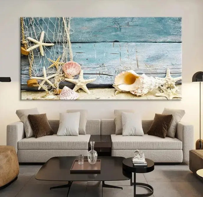 Seashells on Rustic Wooden Background, Seashells Wall Art Canvas Print