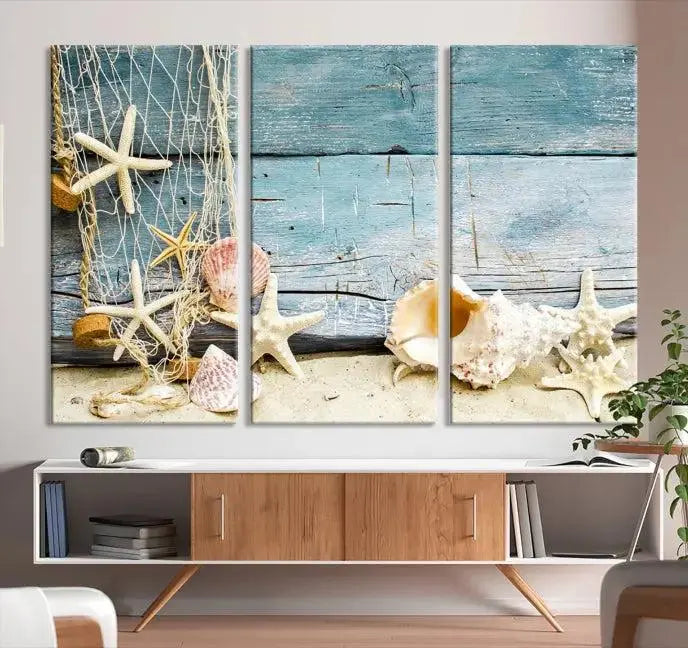 Seashells on Rustic Wooden Background, Seashells Wall Art Canvas Print
