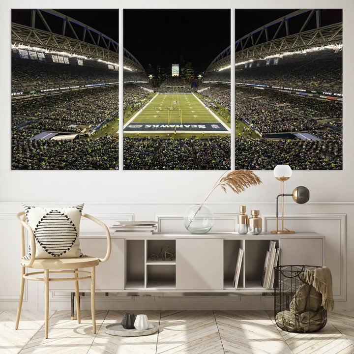 A three-panel wall art piece depicting the Seattle Seahawks' CenturyLink Field stadium adorns the space. This premium canvas, handmade in the USA, showcases quality and captures the fervor of sports enthusiasts.