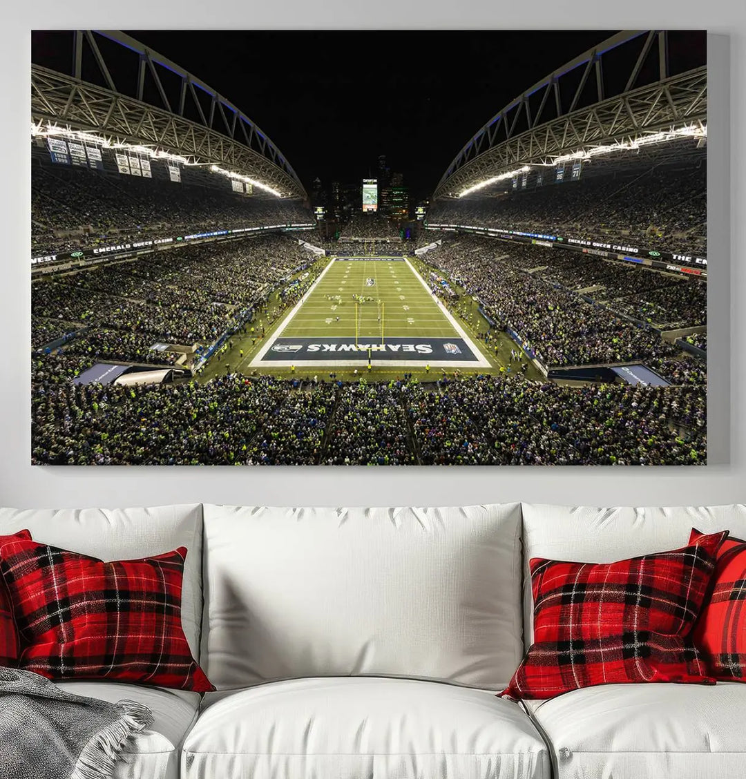 A three-panel wall art piece depicting the Seattle Seahawks' CenturyLink Field stadium adorns the space. This premium canvas, handmade in the USA, showcases quality and captures the fervor of sports enthusiasts.