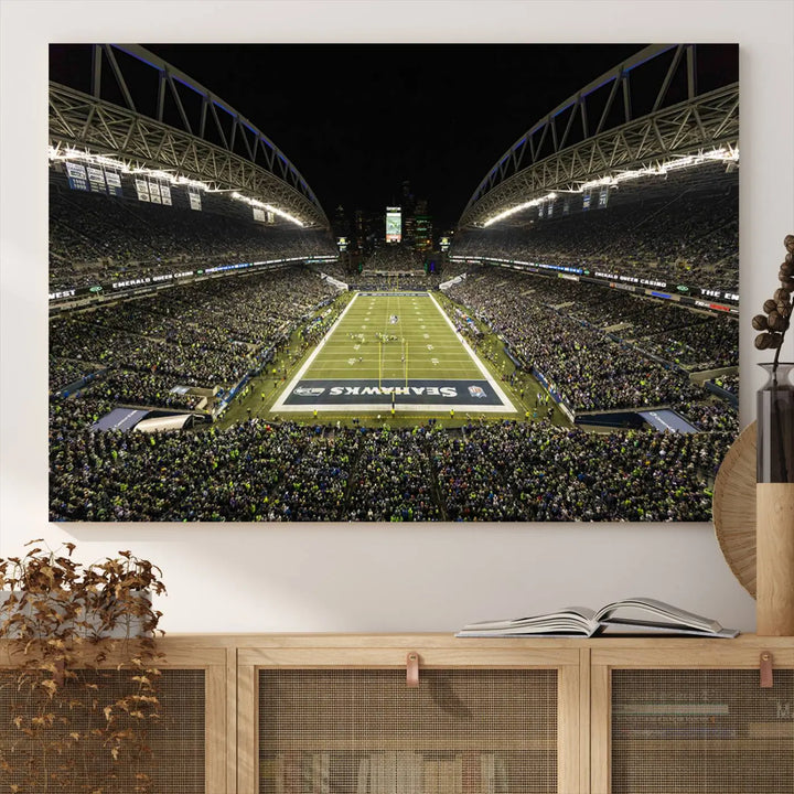 A three-panel wall art piece depicting the Seattle Seahawks' CenturyLink Field stadium adorns the space. This premium canvas, handmade in the USA, showcases quality and captures the fervor of sports enthusiasts.