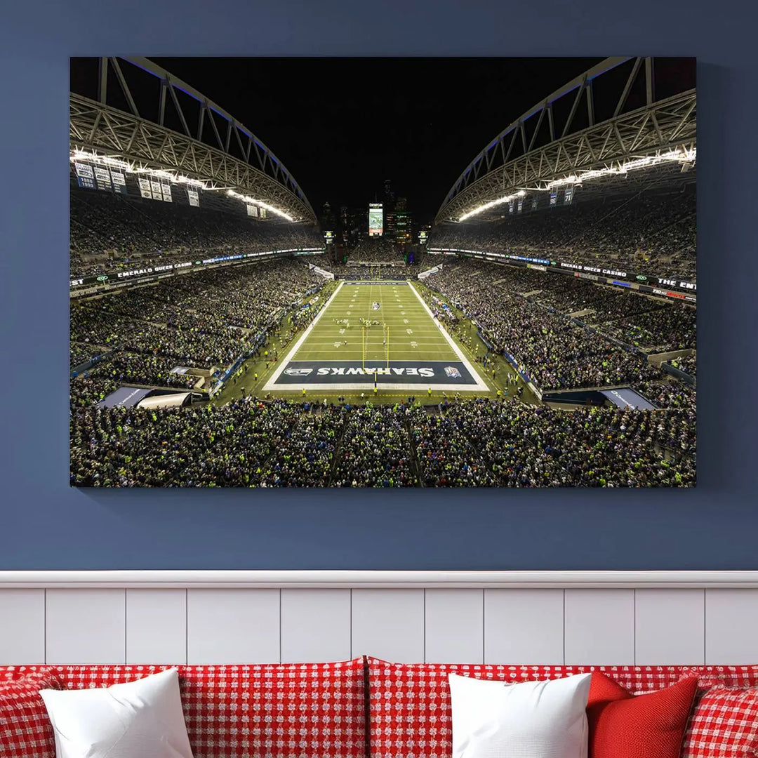 A three-panel wall art piece depicting the Seattle Seahawks' CenturyLink Field stadium adorns the space. This premium canvas, handmade in the USA, showcases quality and captures the fervor of sports enthusiasts.