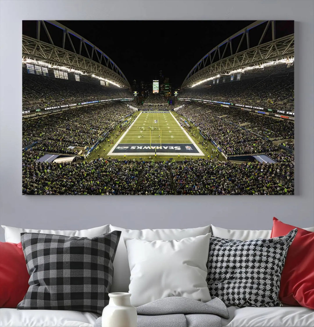 A three-panel wall art piece depicting the Seattle Seahawks' CenturyLink Field stadium adorns the space. This premium canvas, handmade in the USA, showcases quality and captures the fervor of sports enthusiasts.