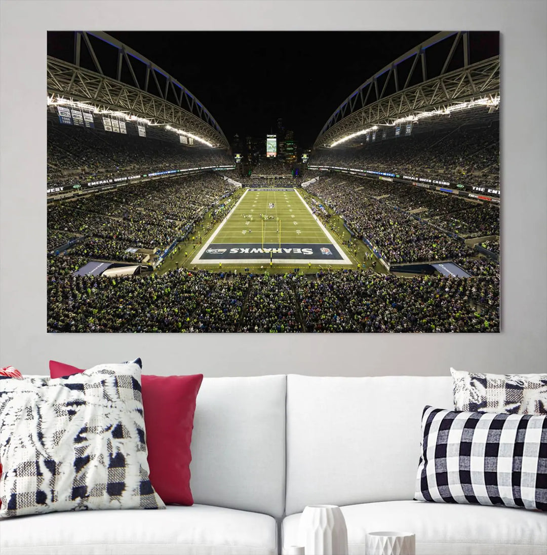 A three-panel wall art piece depicting the Seattle Seahawks' CenturyLink Field stadium adorns the space. This premium canvas, handmade in the USA, showcases quality and captures the fervor of sports enthusiasts.