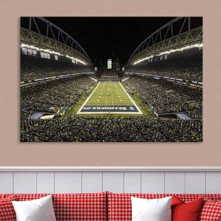 A three-panel wall art piece depicting the Seattle Seahawks' CenturyLink Field stadium adorns the space. This premium canvas, handmade in the USA, showcases quality and captures the fervor of sports enthusiasts.