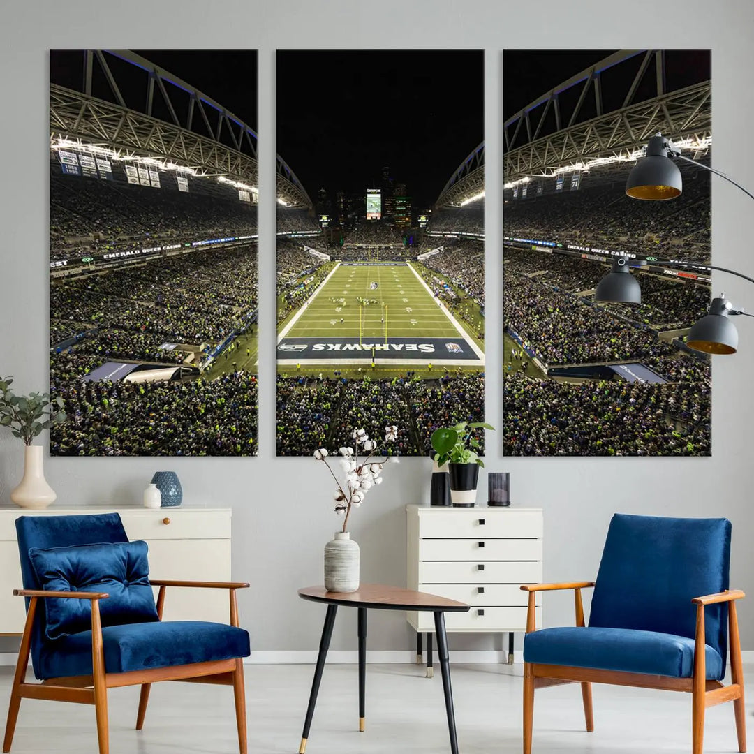 A three-panel wall art piece depicting the Seattle Seahawks' CenturyLink Field stadium adorns the space. This premium canvas, handmade in the USA, showcases quality and captures the fervor of sports enthusiasts.