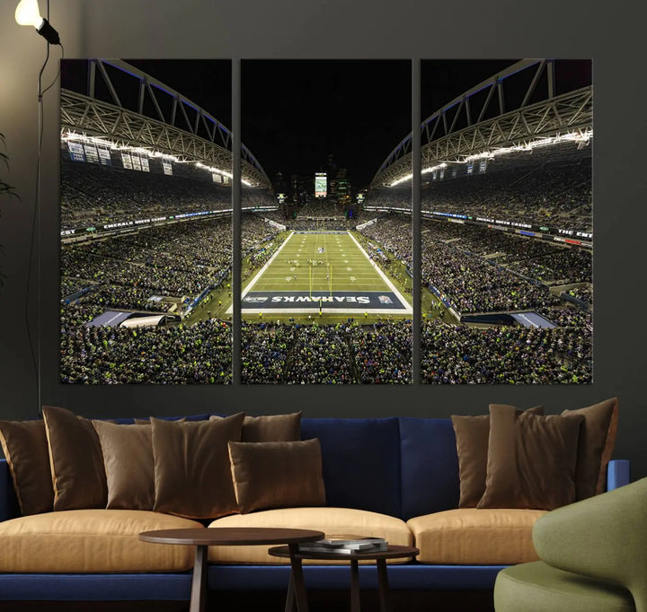 A three-panel wall art piece depicting the Seattle Seahawks' CenturyLink Field stadium adorns the space. This premium canvas, handmade in the USA, showcases quality and captures the fervor of sports enthusiasts.