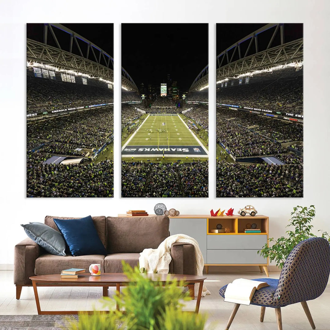 A three-panel wall art piece depicting the Seattle Seahawks' CenturyLink Field stadium adorns the space. This premium canvas, handmade in the USA, showcases quality and captures the fervor of sports enthusiasts.