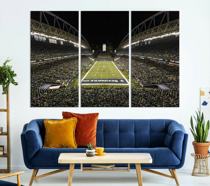 A three-panel wall art piece depicting the Seattle Seahawks' CenturyLink Field stadium adorns the space. This premium canvas, handmade in the USA, showcases quality and captures the fervor of sports enthusiasts.