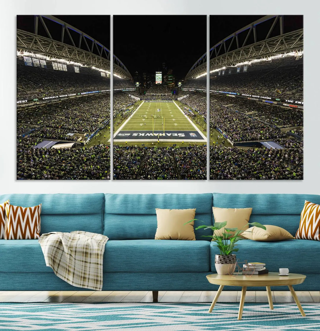 A three-panel wall art piece depicting the Seattle Seahawks' CenturyLink Field stadium adorns the space. This premium canvas, handmade in the USA, showcases quality and captures the fervor of sports enthusiasts.