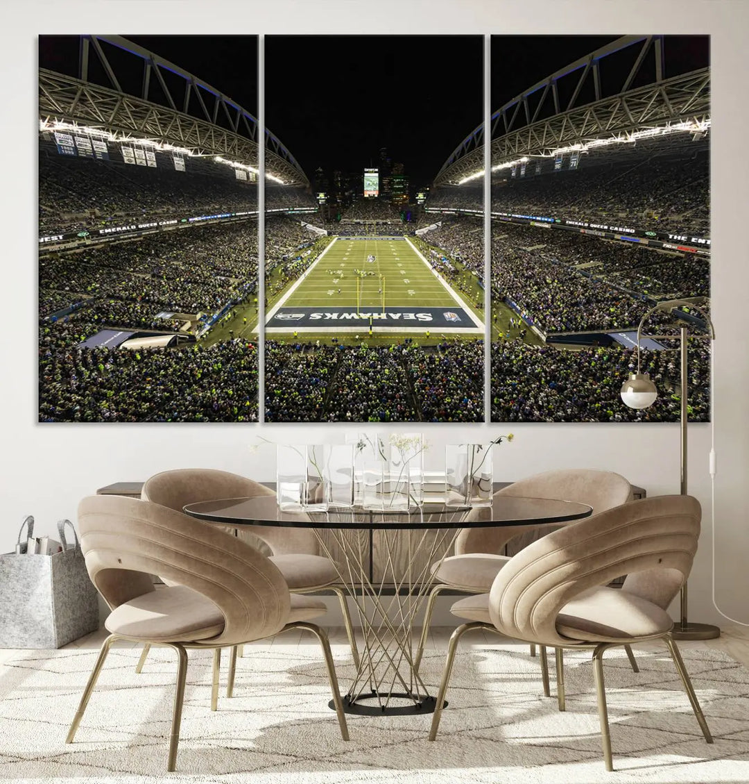 A three-panel wall art piece depicting the Seattle Seahawks' CenturyLink Field stadium adorns the space. This premium canvas, handmade in the USA, showcases quality and captures the fervor of sports enthusiasts.