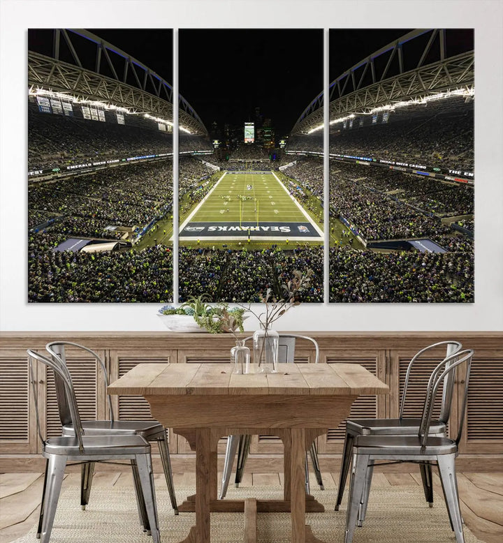 A three-panel wall art piece depicting the Seattle Seahawks' CenturyLink Field stadium adorns the space. This premium canvas, handmade in the USA, showcases quality and captures the fervor of sports enthusiasts.