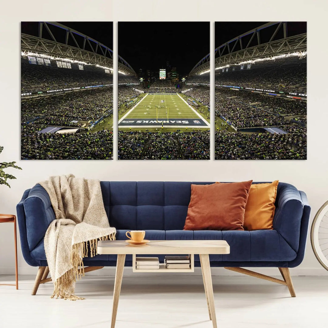 A three-panel wall art piece depicting the Seattle Seahawks' CenturyLink Field stadium adorns the space. This premium canvas, handmade in the USA, showcases quality and captures the fervor of sports enthusiasts.