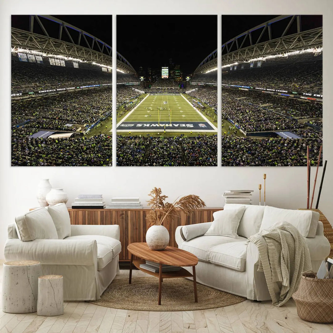 A three-panel wall art piece depicting the Seattle Seahawks' CenturyLink Field stadium adorns the space. This premium canvas, handmade in the USA, showcases quality and captures the fervor of sports enthusiasts.