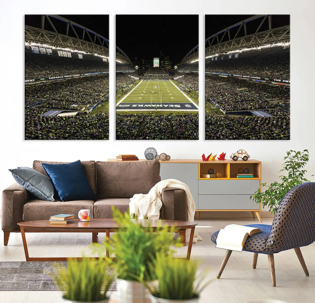 A three-panel wall art piece depicting the Seattle Seahawks' CenturyLink Field stadium adorns the space. This premium canvas, handmade in the USA, showcases quality and captures the fervor of sports enthusiasts.