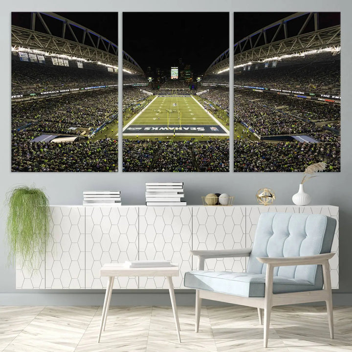 A three-panel wall art piece depicting the Seattle Seahawks' CenturyLink Field stadium adorns the space. This premium canvas, handmade in the USA, showcases quality and captures the fervor of sports enthusiasts.