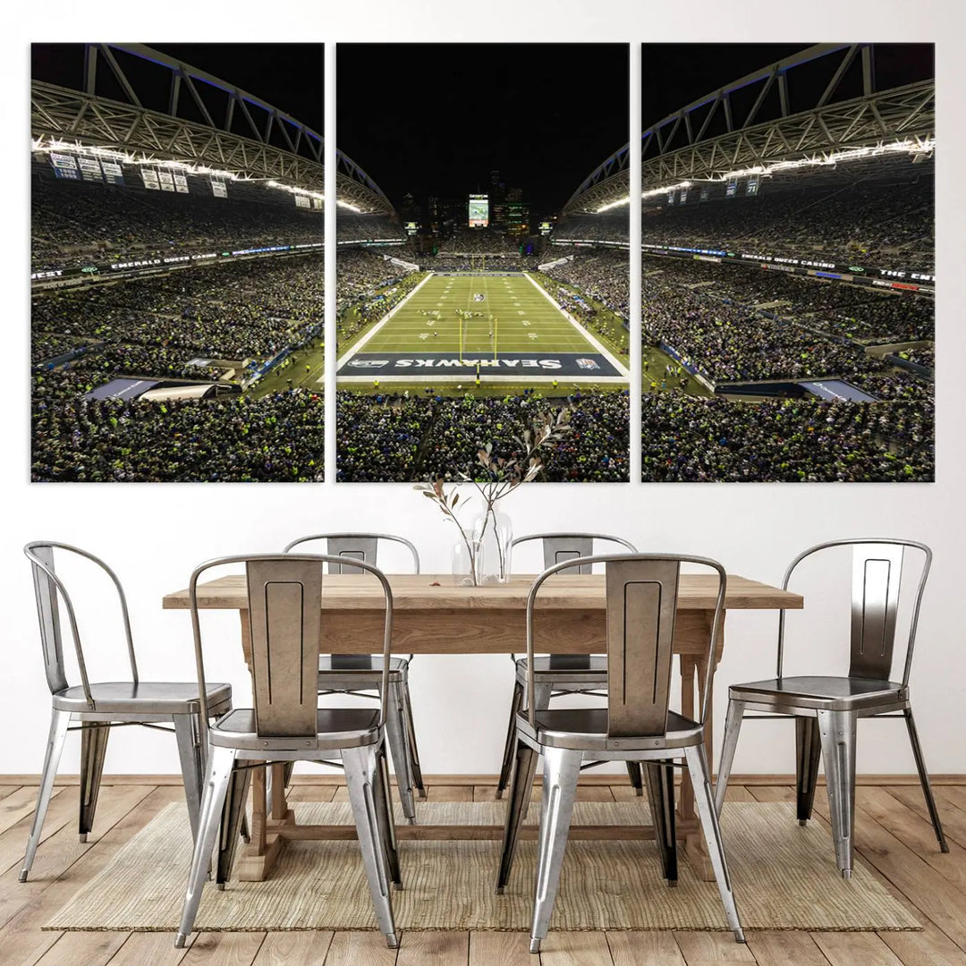 A three-panel wall art piece depicting the Seattle Seahawks' CenturyLink Field stadium adorns the space. This premium canvas, handmade in the USA, showcases quality and captures the fervor of sports enthusiasts.