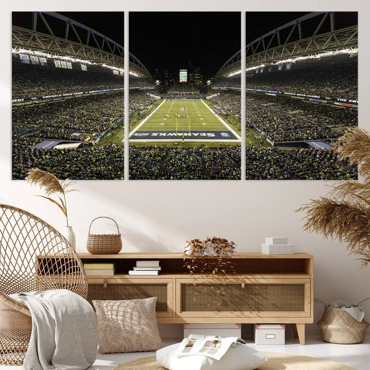 A three-panel wall art piece depicting the Seattle Seahawks' CenturyLink Field stadium adorns the space. This premium canvas, handmade in the USA, showcases quality and captures the fervor of sports enthusiasts.