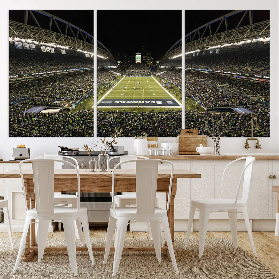 A three-panel wall art piece depicting the Seattle Seahawks' CenturyLink Field stadium adorns the space. This premium canvas, handmade in the USA, showcases quality and captures the fervor of sports enthusiasts.