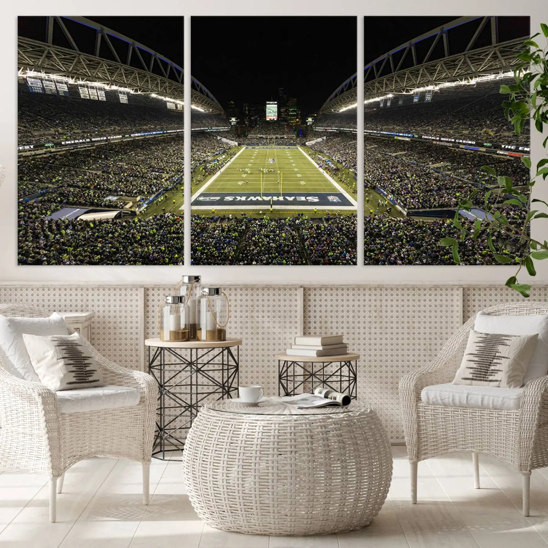 A three-panel wall art piece depicting the Seattle Seahawks' CenturyLink Field stadium adorns the space. This premium canvas, handmade in the USA, showcases quality and captures the fervor of sports enthusiasts.