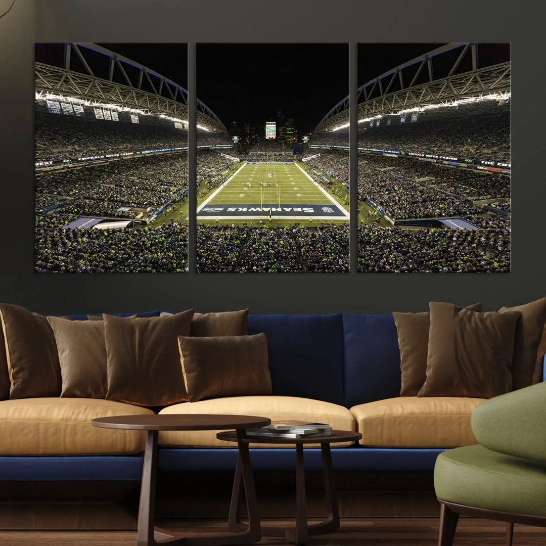 A three-panel wall art piece depicting the Seattle Seahawks' CenturyLink Field stadium adorns the space. This premium canvas, handmade in the USA, showcases quality and captures the fervor of sports enthusiasts.