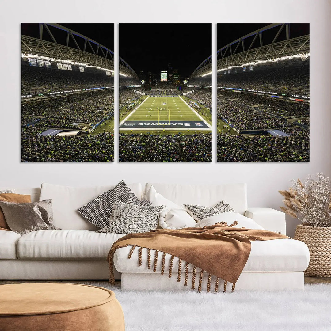 A three-panel wall art piece depicting the Seattle Seahawks' CenturyLink Field stadium adorns the space. This premium canvas, handmade in the USA, showcases quality and captures the fervor of sports enthusiasts.