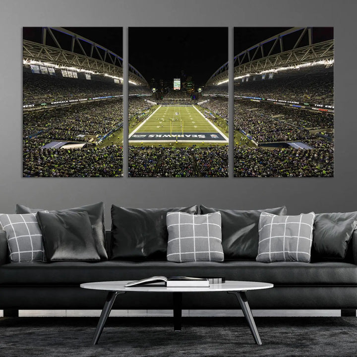 A three-panel wall art piece depicting the Seattle Seahawks' CenturyLink Field stadium adorns the space. This premium canvas, handmade in the USA, showcases quality and captures the fervor of sports enthusiasts.