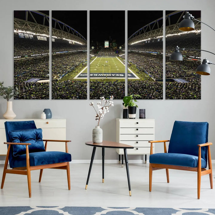 A three-panel wall art piece depicting the Seattle Seahawks' CenturyLink Field stadium adorns the space. This premium canvas, handmade in the USA, showcases quality and captures the fervor of sports enthusiasts.