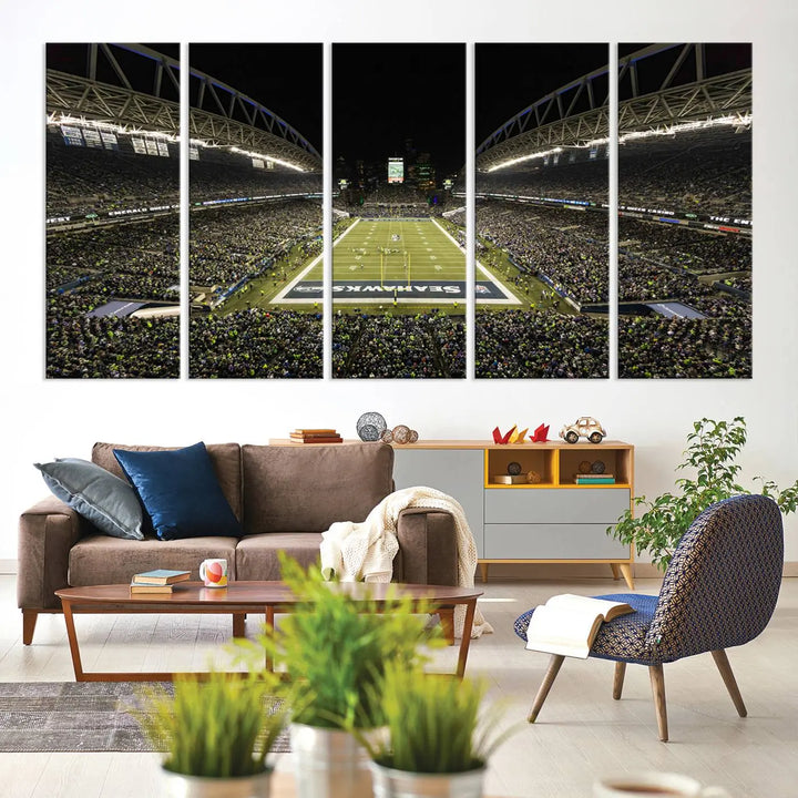 A three-panel wall art piece depicting the Seattle Seahawks' CenturyLink Field stadium adorns the space. This premium canvas, handmade in the USA, showcases quality and captures the fervor of sports enthusiasts.