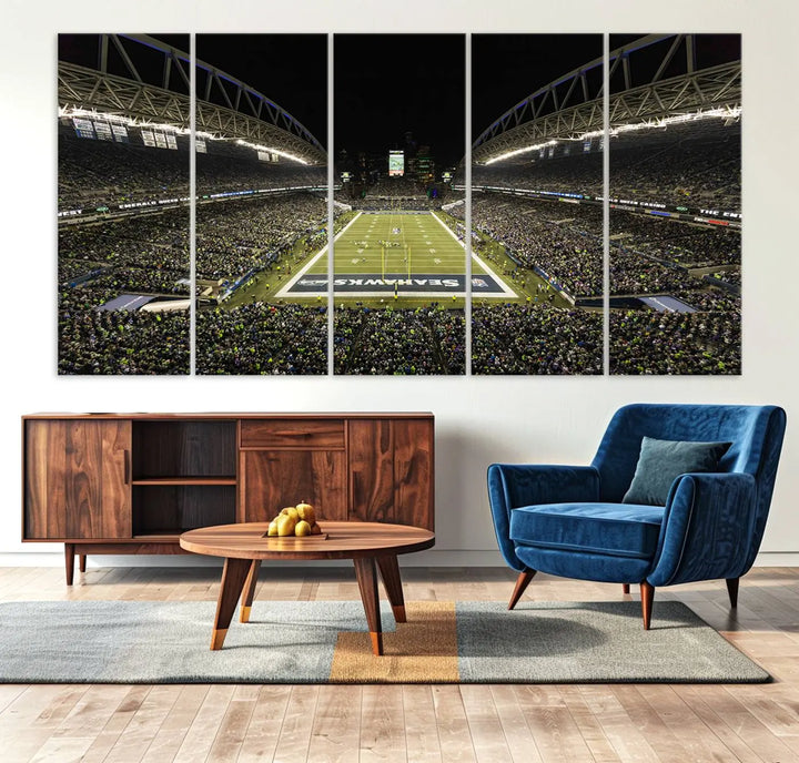 A three-panel wall art piece depicting the Seattle Seahawks' CenturyLink Field stadium adorns the space. This premium canvas, handmade in the USA, showcases quality and captures the fervor of sports enthusiasts.