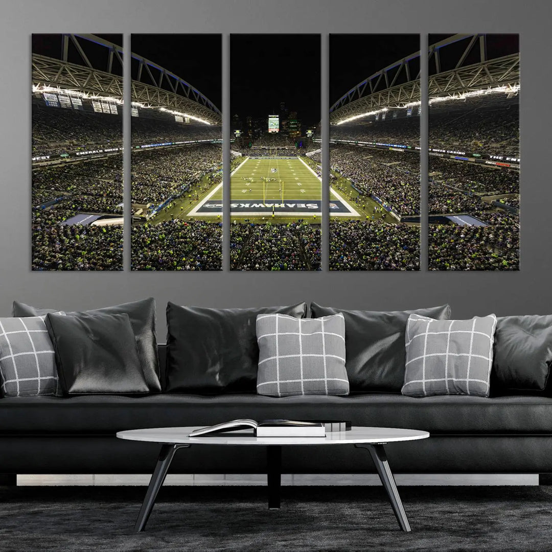 A three-panel wall art piece depicting the Seattle Seahawks' CenturyLink Field stadium adorns the space. This premium canvas, handmade in the USA, showcases quality and captures the fervor of sports enthusiasts.