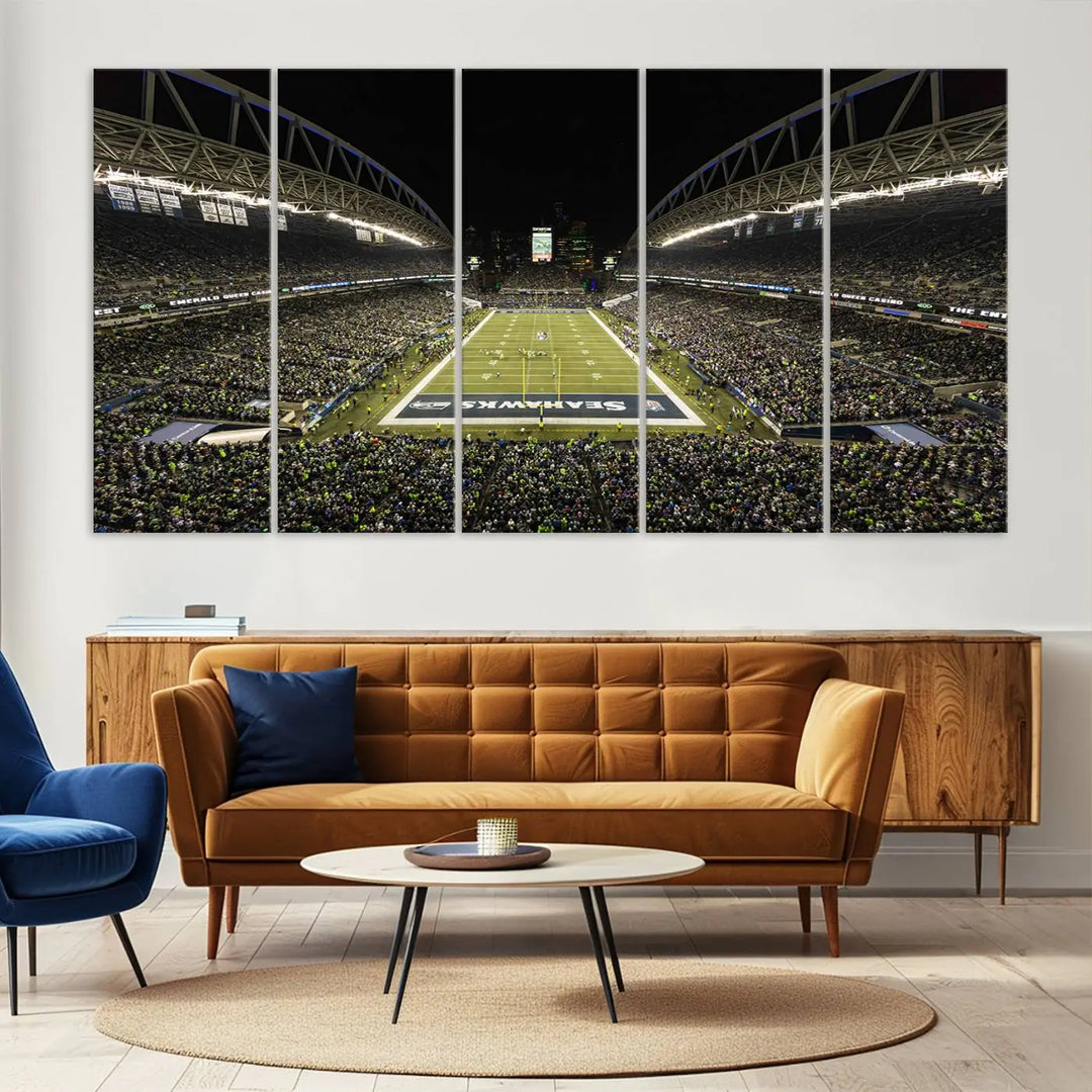 A three-panel wall art piece depicting the Seattle Seahawks' CenturyLink Field stadium adorns the space. This premium canvas, handmade in the USA, showcases quality and captures the fervor of sports enthusiasts.