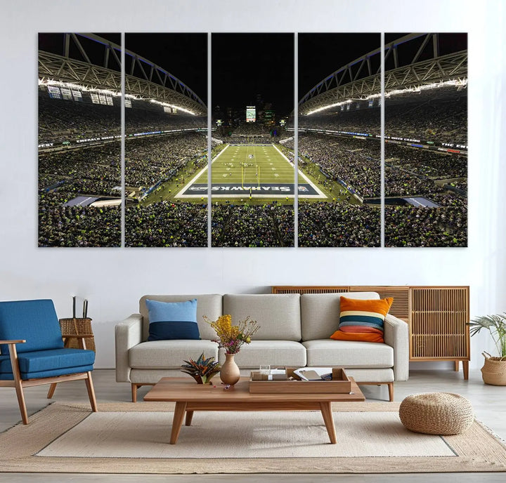 A three-panel wall art piece depicting the Seattle Seahawks' CenturyLink Field stadium adorns the space. This premium canvas, handmade in the USA, showcases quality and captures the fervor of sports enthusiasts.