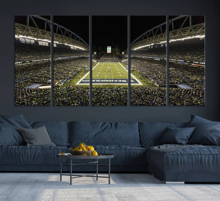 A three-panel wall art piece depicting the Seattle Seahawks' CenturyLink Field stadium adorns the space. This premium canvas, handmade in the USA, showcases quality and captures the fervor of sports enthusiasts.