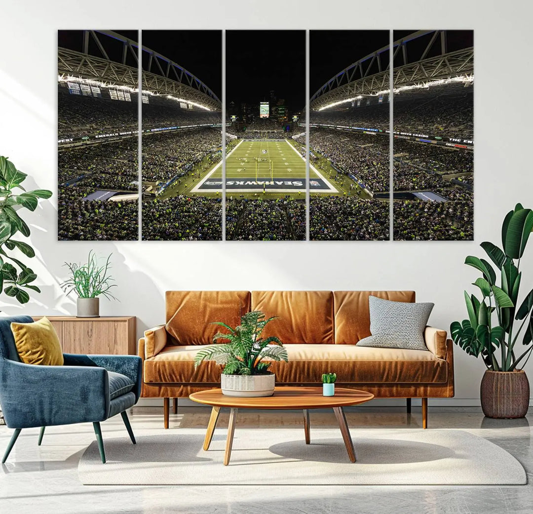 A three-panel wall art piece depicting the Seattle Seahawks' CenturyLink Field stadium adorns the space. This premium canvas, handmade in the USA, showcases quality and captures the fervor of sports enthusiasts.