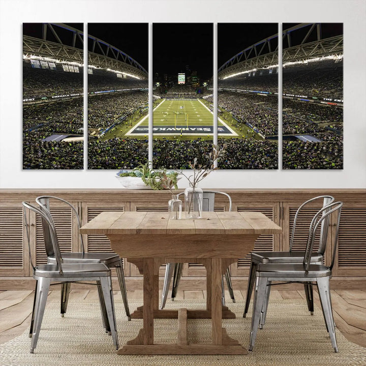 A three-panel wall art piece depicting the Seattle Seahawks' CenturyLink Field stadium adorns the space. This premium canvas, handmade in the USA, showcases quality and captures the fervor of sports enthusiasts.