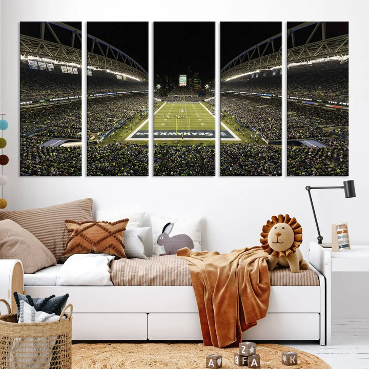 A three-panel wall art piece depicting the Seattle Seahawks' CenturyLink Field stadium adorns the space. This premium canvas, handmade in the USA, showcases quality and captures the fervor of sports enthusiasts.