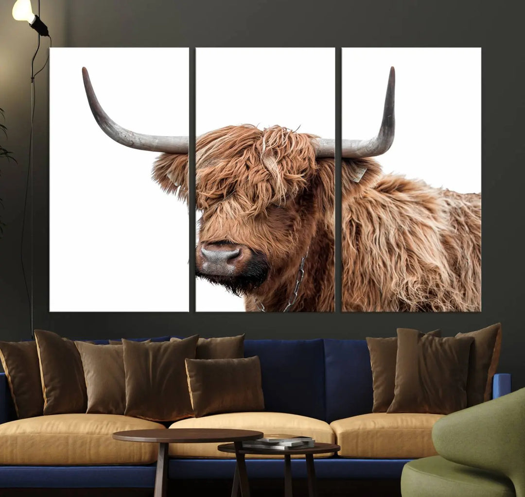 The "Self Portrait of Highland Cow Canvas Wall Art Print," featuring a Highland cow with long horns and shaggy fur, is printed on museum-quality canvases and coated with UV protection. This piece is ready to bring rustic charm to your living space.