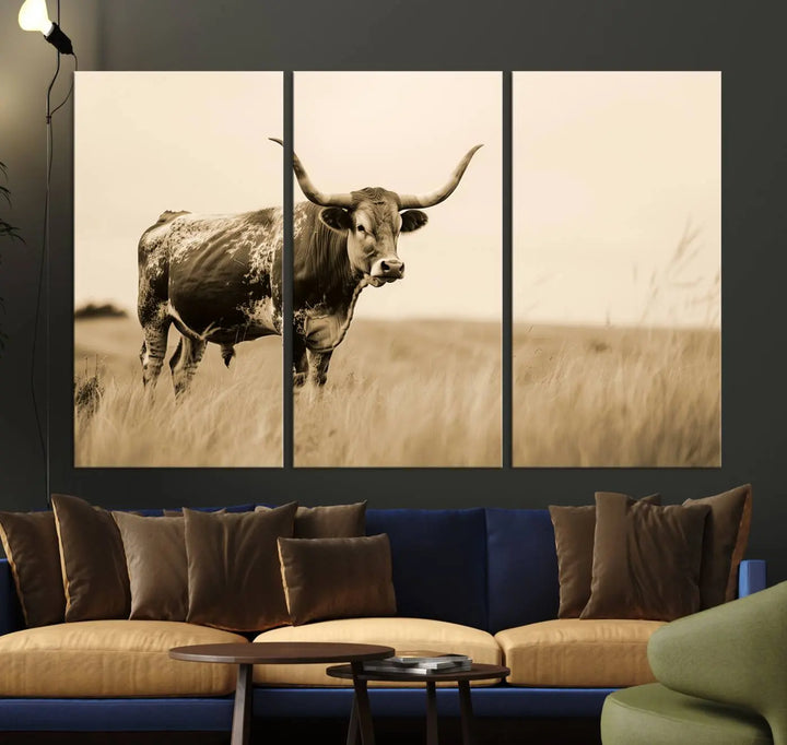 Sepia-toned triptych of an American bison in a field, crafted as a gallery-quality wall art print on canvas.