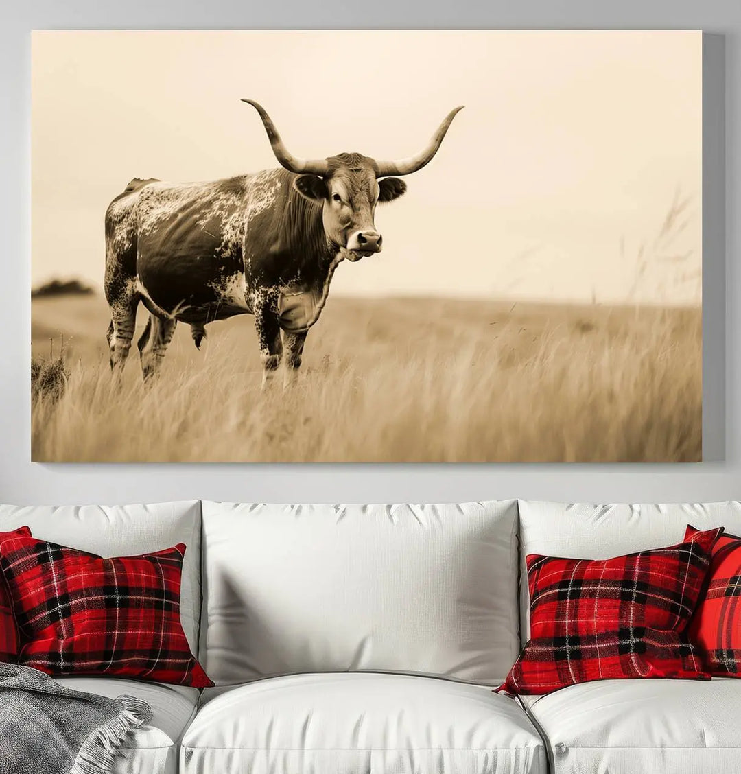 Sepia-toned triptych of an American bison in a field, crafted as a gallery-quality wall art print on canvas.